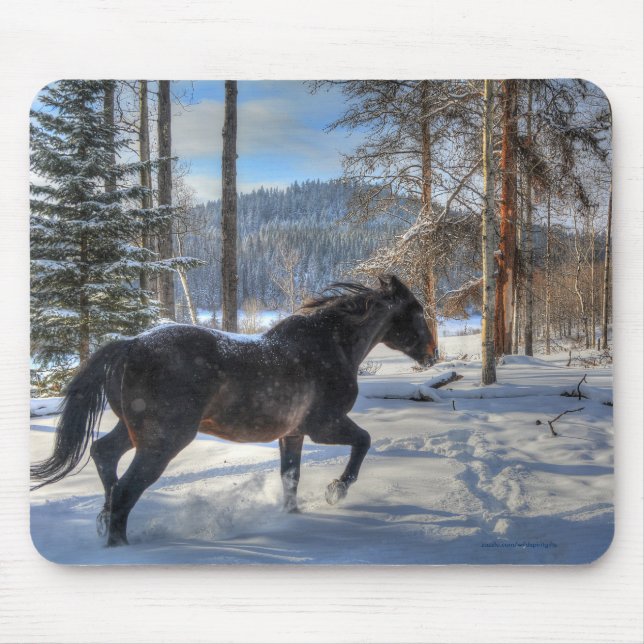 Black Percheron in Forest and First Winter Snow Mouse Mat (Front)