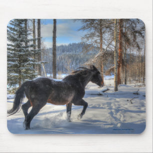 Black Percheron in Forest and First Winter Snow Mouse Mat