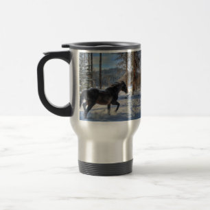 Black Percheron in Winter Snow & Forest Travel Mug