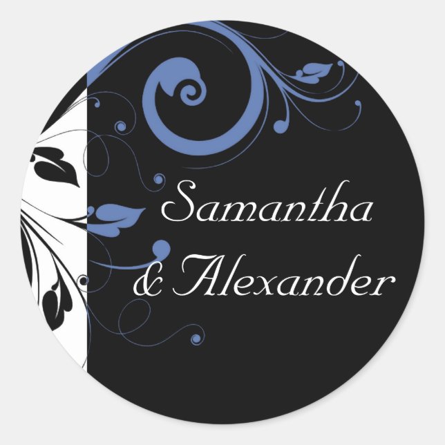Black Periwinkle Cornflower Blue Floral Wedding Classic Round Sticker (Front)