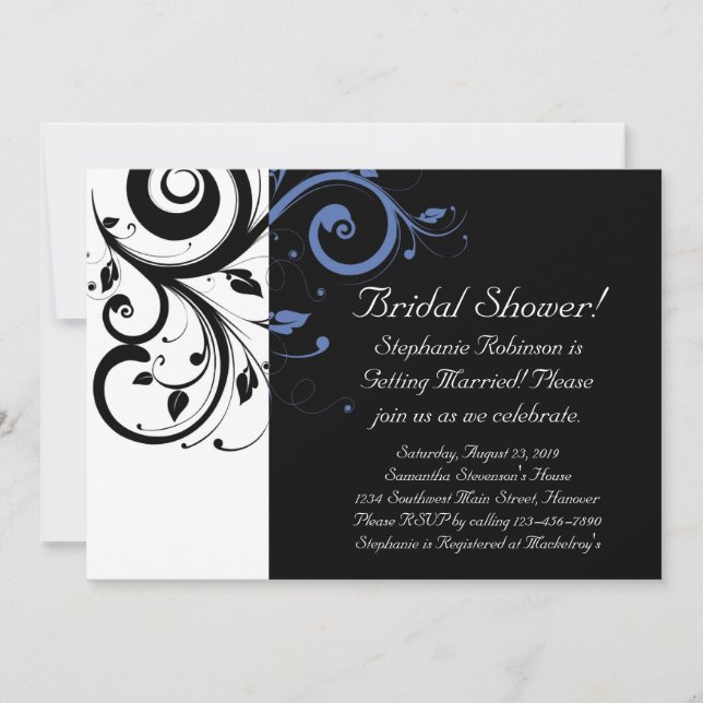Black Periwinkle Cornflower Blue Floral Wedding Invitation (Front)