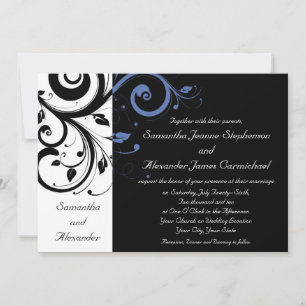 Black Periwinkle Cornflower Blue Floral Wedding Invitation