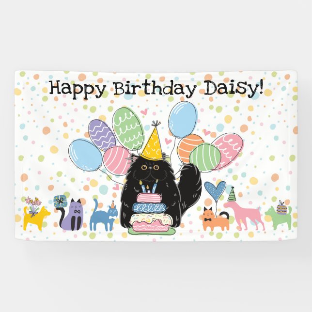 Black Persian Cat Longhair Birthday Party Banner (Horizontal)