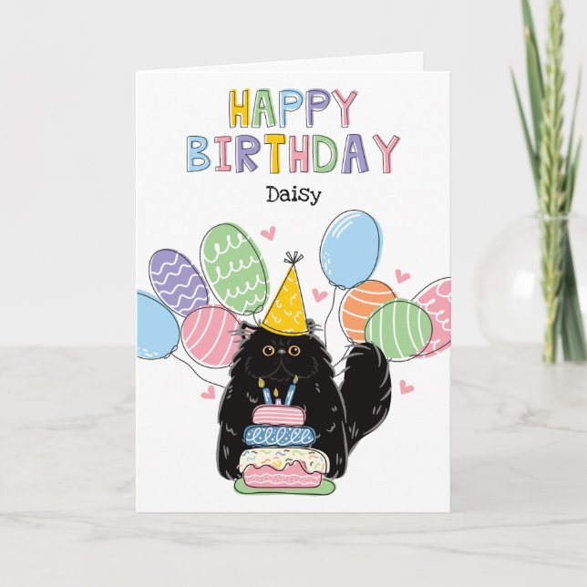 Black Persian Cat Longhair Birthday Party Card (Front)