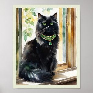 Black Persian Cat Watercolor Gold Emerald Collar Poster