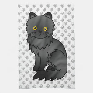 Black Persian Cute Cartoon Cat Illustration Tea Towel