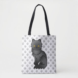 Black Persian Cute Cartoon Cat & Paws Tote Bag