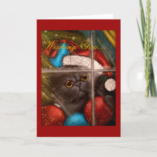 BLACK PERSIAN KITTEN CAT HOLIDAY Card