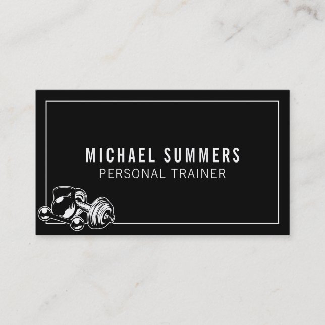 Black Personal Trainer Gym Coach Weights Dumbbell Business Card (Front)