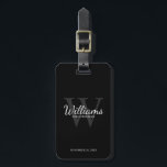 Black Personalise Groomsmen's name and Monogram  Luggage Tag<br><div class="desc">Add a personal touch to your wedding with personalised groomsmen luggage tag. This luggage tag features personalised groomsman's name in white classic script font style with wedding details in white classic serif font style and monogram in grey classic serif font style as background, on black background. Also perfect for best...</div>