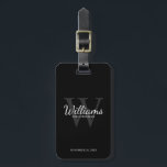 Black Personalise Groomsmen's name and Monogram  Luggage Tag<br><div class="desc">Add a personal touch to your wedding with personalised groomsmen luggage tag. This luggage tag features personalised groomsman's name in white classic script font style with wedding details in white classic serif font style and monogram in grey classic serif font style as background, on black background. Also perfect for best...</div>