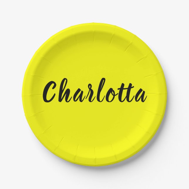Black Personalise Name | Neon Yellow Colour Paper Plate (Front)