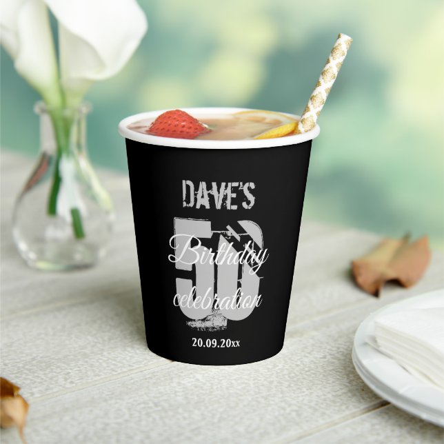 Black Personalised 50th Any Age Birthday Party Paper Cups (Insitu)