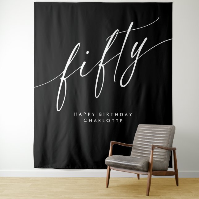 Black Personalised 50th Birthday Backdrop Tapestry (In Situ)