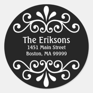Black Personalised Address Scroll Classic Round Sticker