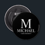 Black Personalised Groomsman Name and Monogram Bottle Opener<br><div class="desc">Modern Black and White Personalised Groomsman Gifts
featuring personalised monogram,  groomsman's name and title in white classic serif font style on black background.

Also perfect for Best Man,  Father of the Bride and more.</div>