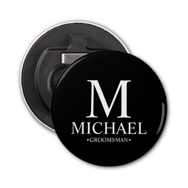 Black Personalised Groomsman Name and Monogram Bottle Opener (Front)