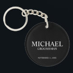 Black Personalised Groomsman's Name and Monogram Key Ring<br><div class="desc">Modern Personalised Groomsman Gifts
featuring personalised groomsman's name,  title and wedding date in white classic serif font style on black background.

Also perfect for Best Man,  Father of the Bride and more.</div>