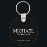 Black Personalised Groomsman's Name and Monogram Key Ring<br><div class="desc">Modern Personalised Groomsman Gifts
featuring personalised groomsman's name,  title and wedding date in white classic serif font style on black background.

Also perfect for Best Man,  Father of the Bride and more.</div>