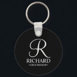 Black Personalised Groomsman's Name and Monogram Key Ring<br><div class="desc">Elegant Black and White Personalised Groomsman Gifts
featuring personalised monogram in white elegant script font style with groomsman's name and title in classic serif font style on black background.

Also perfect for best man,  father of the bride,  bridesmaid,  maid of honour,  flower girl,  mother of the bride and more.</div>