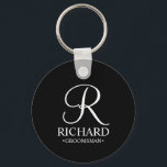 Black Personalised Groomsman's Name and Monogram Key Ring<br><div class="desc">Elegant Black and White Personalised Groomsman Gifts
featuring personalised monogram in white elegant script font style with groomsman's name and title in classic serif font style on black background.

Also perfect for best man,  father of the bride,  bridesmaid,  maid of honour,  flower girl,  mother of the bride and more.</div>