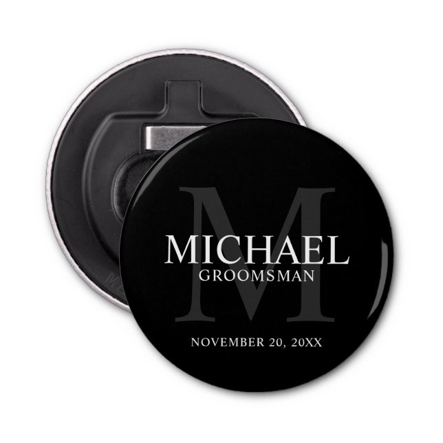 Black Personalised Groomsmen's name and monogram Bottle Opener (Front)