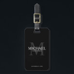 Black Personalised Groomsmen's name and monogram Luggage Tag<br><div class="desc">Add a personal touch to your wedding with personalised groomsmen luggage tag. This luggage tag features personalised groomsman's name with title and wedding date in white and monogram in grey as background, in classic serif font style, on black background. Also perfect for best man, father of the bride, ring bearer...</div>