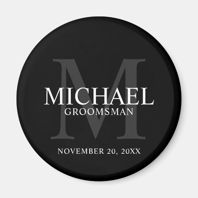 Black Personalised Groomsmen's name and monogram Magnet (Front)