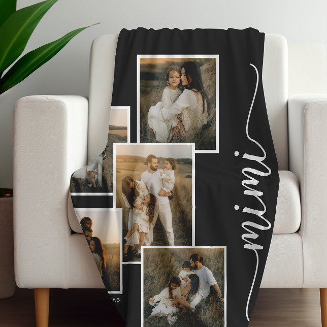 Black Personalised Mimi Grandkid 5 Photo Collage  Fleece Blanket (Creator Uploaded)