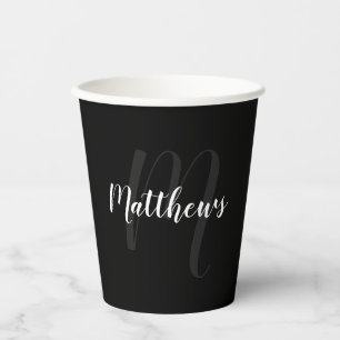 Black Personalised Modern Script Monogram and Name Paper Cups