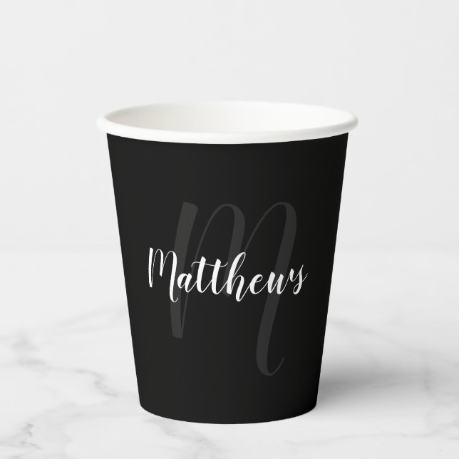 Black Personalised Modern Script Monogram and Name Paper Cups (Front)