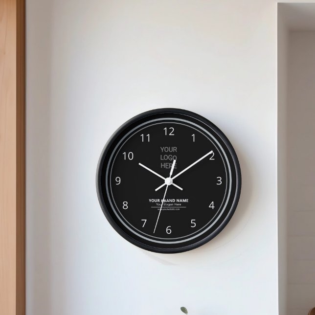 Black Personalised Modern Shop Business Logo Round Large Clock (Sleek Black Clock on White Walls)