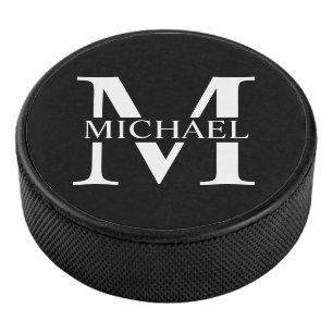 Black Personalised Monogram and Name Hockey Puck
