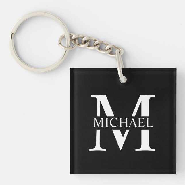 Black Personalised Monogram and Name Key Ring (Front)