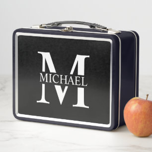 Black Personalised Monogram and Name Metal Lunch Box