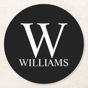 Black Personalised Monogram and Name Round Paper Coaster