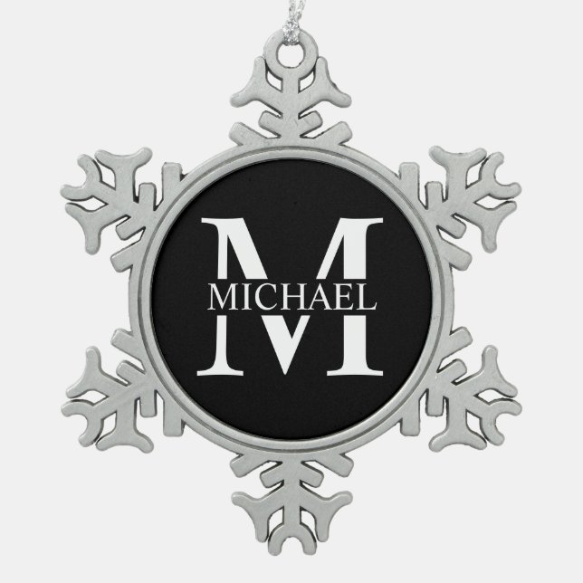 Black Personalised Monogram and Name Snowflake Pewter Christmas Ornament (Front)