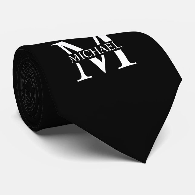 Black Personalised Monogram and Name Tie (Rolled)