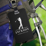 Black Personalised Monogram Golfer Luggage Tag<br><div class="desc">This design features a golfer swinging a club and has two text fields that you can use to personalise it - perhaps with a name and golf team or club.</div>