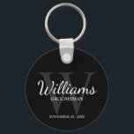 Black Personalised Script Groomsmen name&Monogram Key Ring<br><div class="desc">Add a personal touch to your wedding with personalised groomsmen keychain. This keychain features personalised groomsman's name in white classic script font style with wedding details in white classic serif font style and monogram in grey classic serif font style as background, on black background. Also perfect for best man, father...</div>