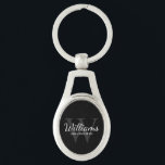 Black Personalised Script Groomsmen Name&Monogram Key Ring<br><div class="desc">Add a personal touch to your wedding with personalised groomsmen keychain. This keychain features personalised groomsman's name in white classic script font style with wedding details in white classic serif font style and monogram in grey classic serif font style as background, on black background. Also perfect for best man, father...</div>