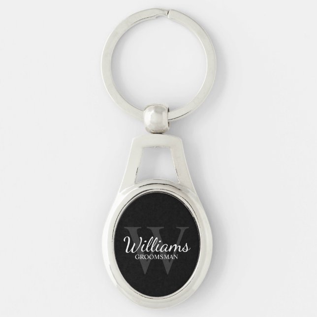 Black Personalised Script Groomsmen Name&Monogram Key Ring (Front)