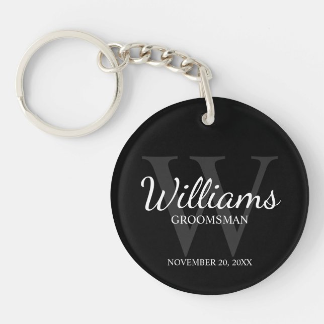 Black Personalised Script Groomsmen name&Monogram  Key Ring (Front)