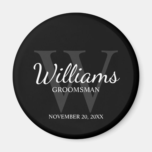 Black Personalised Script Groomsmen Name&Monogram Magnet (Front)