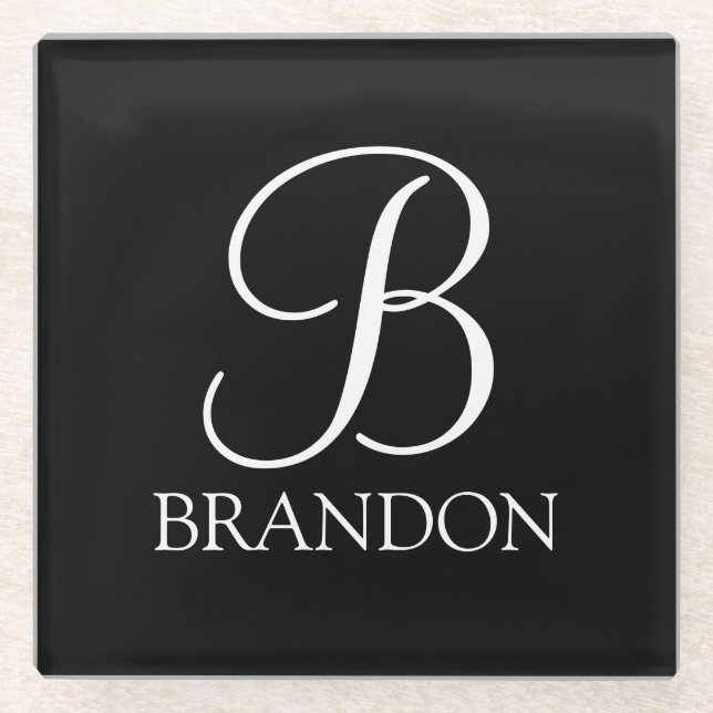 Black Personalised Script Monogram and Name Glass Coaster (Front)