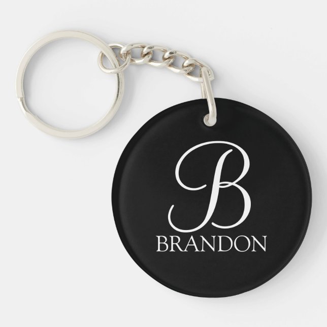 Black Personalised Script Monogram and Name Key Ring (Front)