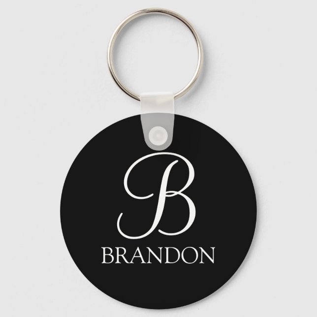 Black Personalised Script Monogram and Name Key Ring (Front)