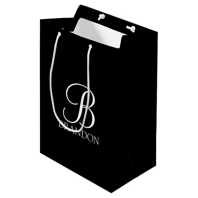 Black Personalised Script Monogram and Name Medium Gift Bag (Front Angled)