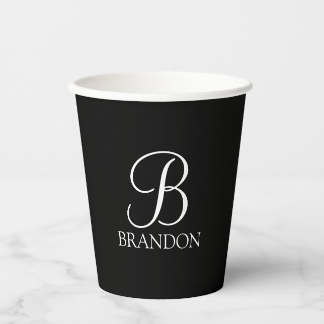 Black Personalised Script Monogram and Name Paper Cups (Front)