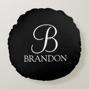 Black Personalised Script Monogram and Name Round Cushion